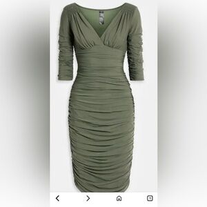 Norma Kamali size XS NWT olive/green ruched bodycon low V-Neck